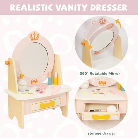 WoodenEdu Wooden Vanity Set for Kids, Pretend Play Toddler Makeup Vanity Table Toys with 360° Rotatable Mirror, Beauty Salon Set Includes Makeup Accessories, Little Girls Gift Age 3+