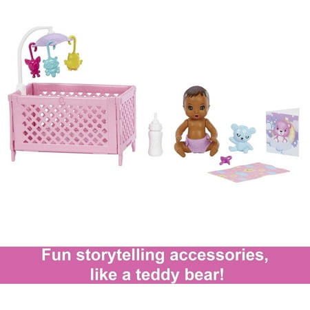 Barbie Skipper Babysitters Inc Bedtime Set, Brunette Doll, Sleepy Baby Doll, Crib & Accessories