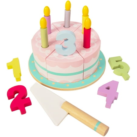 WoodenEdu Pretend Play Food for Toddlers 1-3,Wooden Birthday Fake Cake with Candles and Numbers,Tea Party Learning Kitchen Gift Toys for Boys Girls