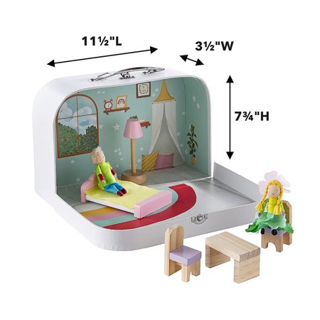 HearthSong 11 Inch Rainbow Cottage Travel Dollhouse Set with 2 Dolls and 5 Piece Furniture Set