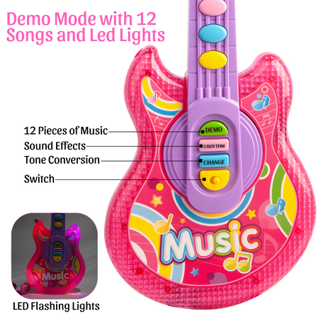 UUGEE Kids Guitar Toys for Girls 3-6 Years, Child Pretend Flash Electric Play Musical Instrument Toy with Mic Stand, Pink