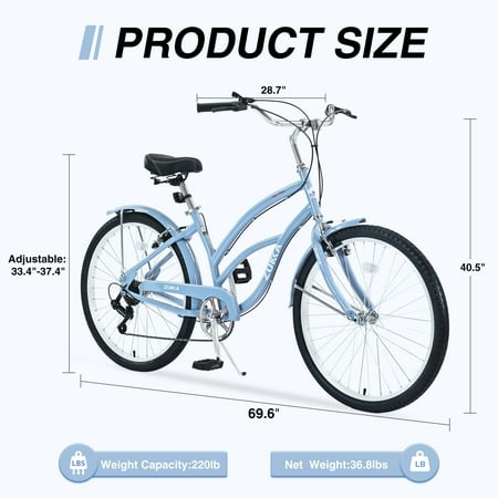 Aukfa 26" Cruiser Bike, 7 Speed Bicycle Hybrid Bikes for Women Girls Ladies,Light Blue