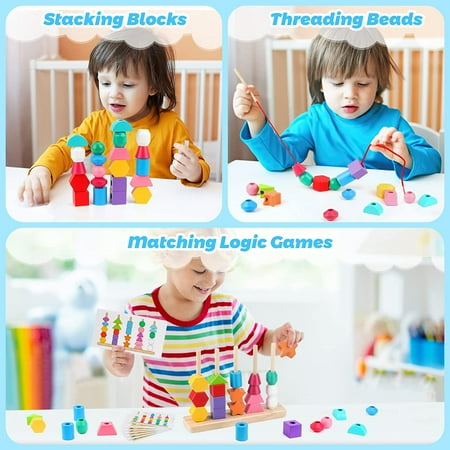 Wooden Beads Sequencing Play Set for Kids, Montessori Lacing Beads & Stacking Blocks & Matching Shapes Colors Toys, Best Preschool Learning Toys for Toddler 2 3 4 5 Year Old Boys Girls