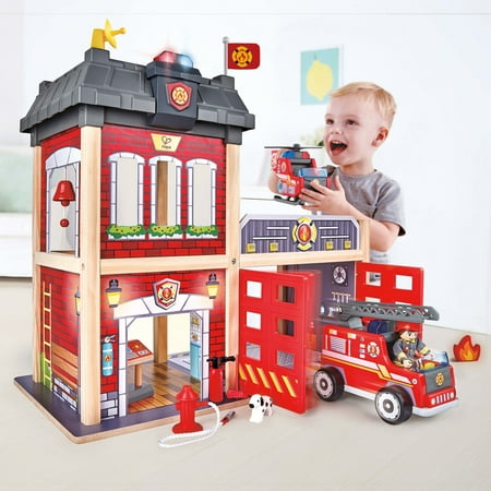 Hape City Red Fire Station Dollhouse Wood Playset, 13 Pieces, Light & Sound, Product Height 18.82 in, Gift Idea for Toddlers & Kids Ages 3+