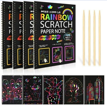 BSHAPPLUS® 4 Pack Rainbow Scratch Art Notebooks,Magic Scratch off Paper Notebook Set for Kids Art and Craft Activity Book Black Sketch Doodle Pads with Drawing Stick for Party Favor Game Gift