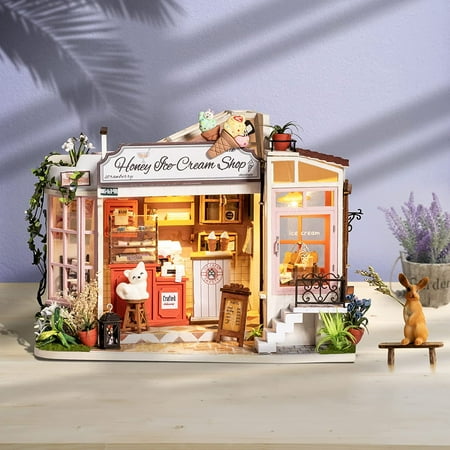 Robotime DIY Miniature Dollhouse Kit for Adults to Build Tiny House Model Gift for Family and Friends (Ice Cream Store)