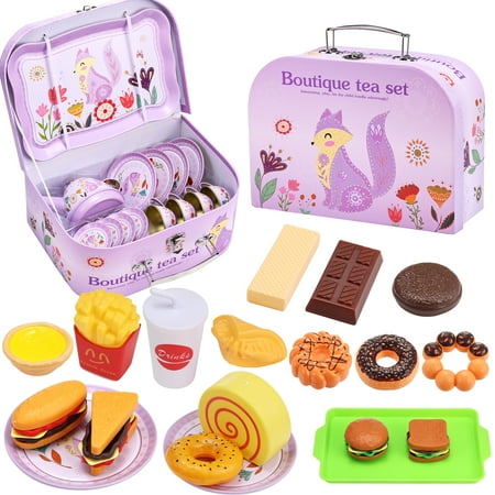 Anpro 31pcs Tea Set Toy for Little Girls, Princess Tea Time Toys Set Pretend Play Tea Set with Teapot Dishes Dessert Food & Carrying Case for Kids Girls Parties Role-Playing Games Christmas Gifts