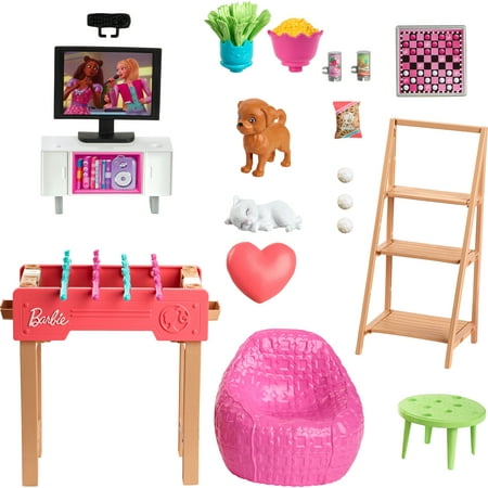 Barbie World Game Room Set with 19 Dollhouse Accessories Including Furniture, Foosball Table & Pets