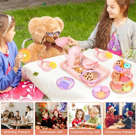 Cat Tea Party Set for Little Girls - 46pcs Pretend Play Toy, Birthday Gift for Toddlers Ages 3 4 5 6 Year Old, Includes Cat Tea Set, Desserts, and Carrying Case, Cat Design