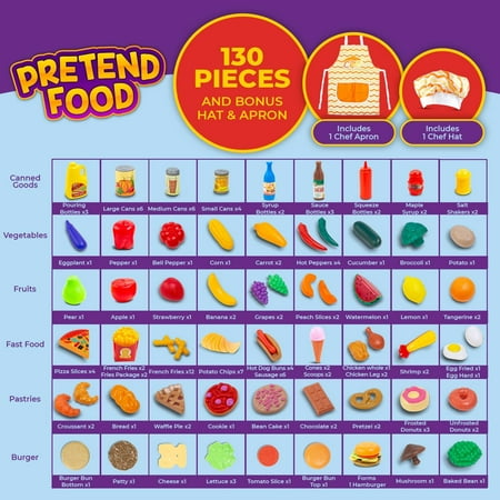 ToyVelt 130-Piece Pretend Play Food Toys for Kids Play Kitchen - BPA-Free Kitchen Toys and Plastic Toy Food- Includes Canned Goods, Vegetables, Fruits, Fast Food, Pastries, Bonus Chef Hat and Apron