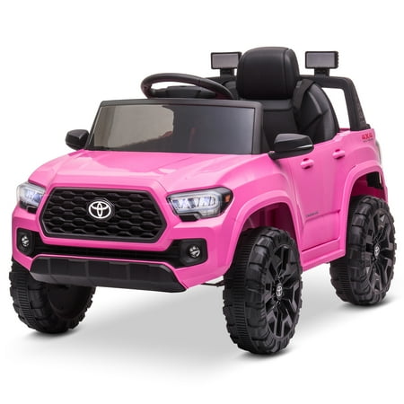 Kidzone 12V Ride-On Truck, Battery Powered Licensed Toyota Tacoma Electric Car for 3-6 Years Unisex Kids, Electric Vehicle Toy w/ Remote Control, Bluetooth, MP3, LED Lights, Suspension System - Pink