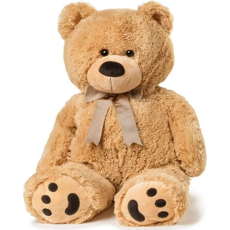 JOON Big Teddy Bear - Fluffy Faux Fur, Ribbon & Bow Signature Footprints- Huggable & Lovable Joy - Ideal Gift for Baby Showers, Loved Ones – Perfect Big Cuddly Plush Toy Companion, 28 Inches, Tan