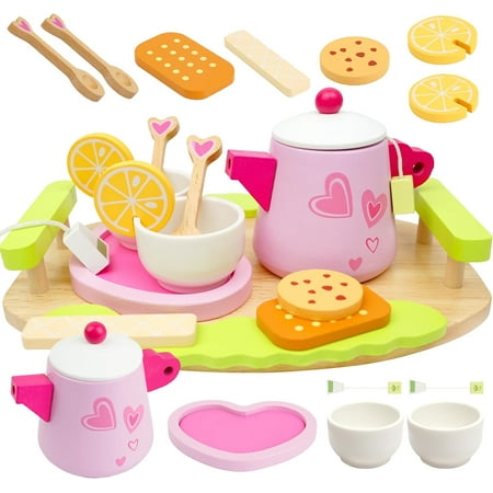 15pcs Play Tea Set for Girls, YCFUN Wooden Tea Party Set with Cookies Pretend Play Food, Toys for Toddlers Girls Boys 3 4 5 6 7 8 Years Old