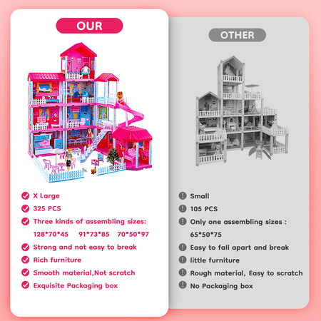 Absoke Toy for Girls 3-14 Year Old, Doll House Plus 325 Pcs 4 Stories Christmas Gift(Pink)