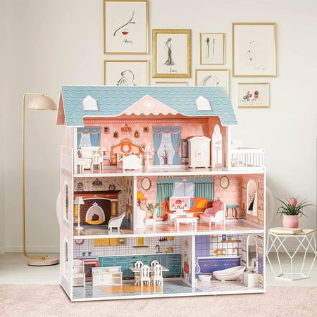 Robud Lady Wooden Dollhouse,3 Story with Balcony,28 Accessories Toy Gift for 3+Years Kid Girls