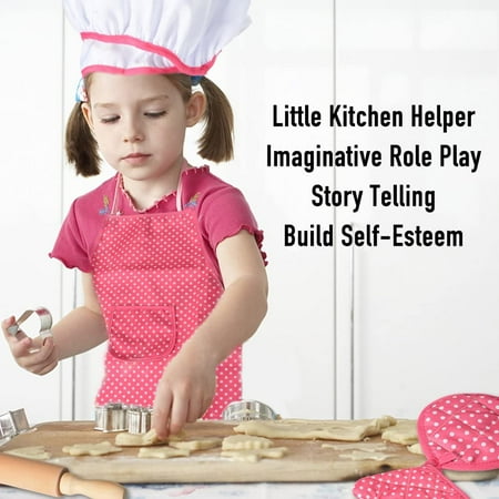 11Pcs Kids Chef Set, Kitchen Cooking and Baking Kits, Pretend Play Dress Up Role Play Toys, Includes Apron, Chef Hat, Oven Mitt, Wooden Spoon, Cookie Cutters, Rolling Pin for Girls Birthday Xmas Gift