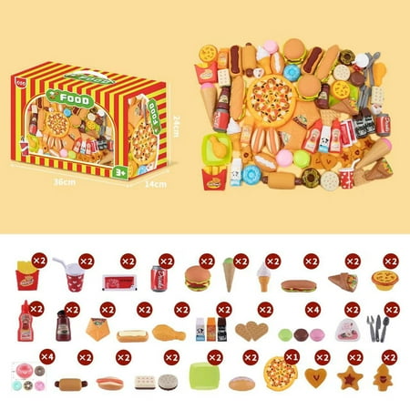 63PCS Play Food Pretend Play Fast Food Kitchen Toys Set Cutting Pizza Hamburger Ice Cream Playset for Toddler Kid Child Boys Girls Toys