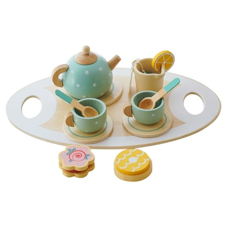 Evjurcn 14Pcs Tea Set Toy Wooden Pretend Play Tea Party Set Learning Role Play Funny Dessert Food Kid Playset Interactive Simulation Teacup Toy for Toddler Girls Boys