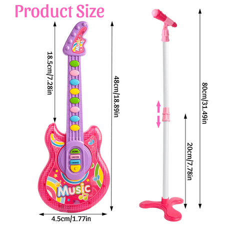 UUGEE Kids Guitar Toys for Girls 3-6 Years, Child Pretend Flash Electric Play Musical Instrument Toy with Mic Stand, Pink