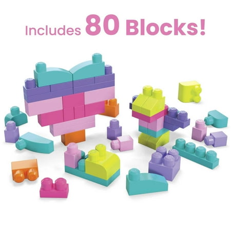 MEGA BLOKS Fisher-Price Toy Blocks Pink Big Building Bag with Storage (80 Pieces) for Toddler, Pink