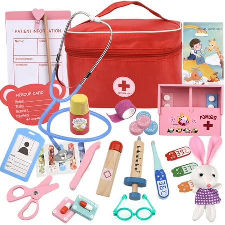 Wooden Doctor Kit for Kids, 32 Pieces Pretend Play Dentist Medical Kit with Stethoscope, Montessori Doctor Set Toy for Toddler Boys Girls Ages 3 4 5 6 7 8