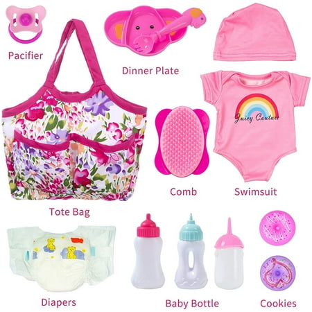 ZITA ELEMENT Baby Doll Accessories 13 Pcs Baby Doll Feeding and Caring Set Babies Pretend Doll Accessories Including Baby Doll Diaper Bag, Diapers, Clothes, Bottles, Dinner Plate, Pacifier and Comb