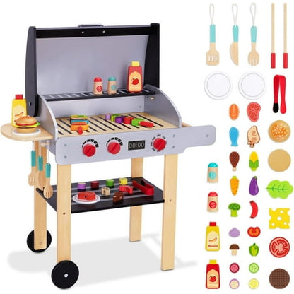 TOOKYLAND Wooden Play Kitchen BBQ - Toy Grill Set for Kids, Pretend Cooking Playset, 3 Year Old +