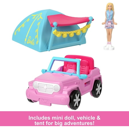 Barbie Mini BarbieLand Doll & Vehicle Set with 1.5-inch Doll, Color-Change SUV & Tent Accessory