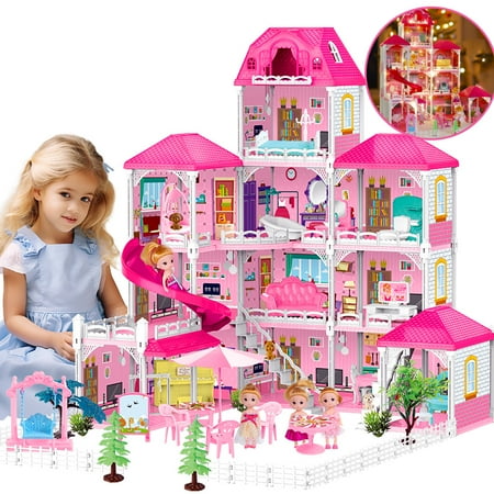 JoyStone Dollhouse with Lights, 4-Story 12 Rooms Huge Doll House with 4 Dolls Toy Figures, Fully Furnished Pretend Playhouse Gifts for Girls Ages 3+, Pink