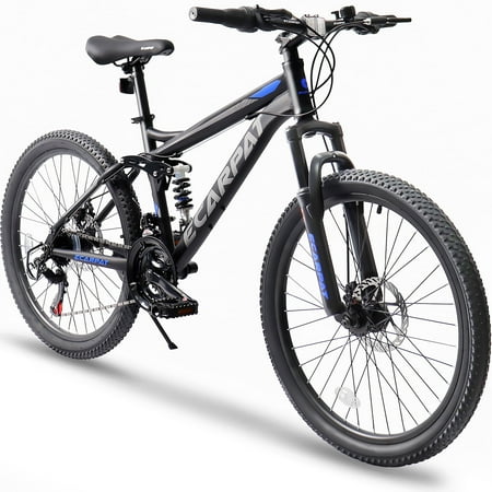 24 inch Mountain Bike for Kids, Full Suspension Boys Bike with Disc Brakes 21 Speeds, Black