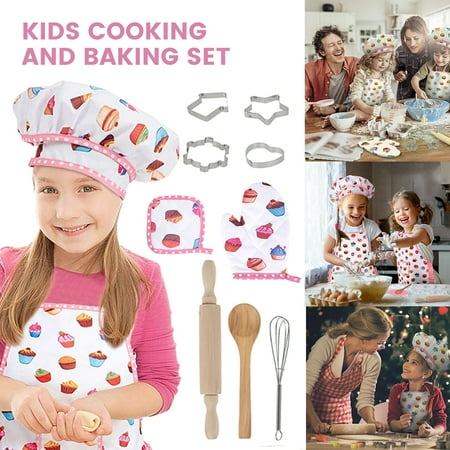 Willstar Kids Cooking and Baking Set, 11 Pcs Kids Chef Apron Set, Pretend Play Dress Up Clothes Apron Chef Hat Gloves Gift For Girl Toys