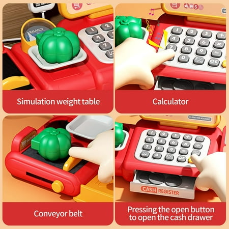 Toy Cash Registers for Kids Pretend Play Cash Register with Scanner, Calculator, Play Money and Credit Card Supermarket Grocery Store Toys for Boys & Girls Toys Gift, Red