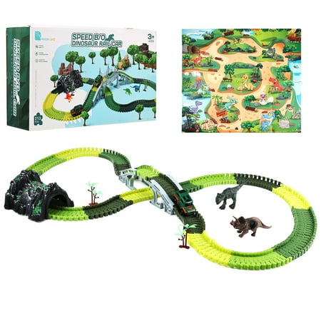 Anpro Dinosaur Toys Race Car Track Set for Kids, 250pcs Race Car Track Set Vehicle Playsets Dinosaur World Road Toys Flexible Track Playset for Boys Age 3+ Best Christmas Gift