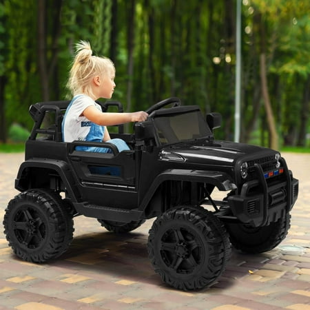 Zimtown Safety 12V Battery Electric Remote Control Car, Kids Toddler Ride On Truck Toy Motorized Vehicles, Wheels Suspension, Seat Belts, LED Lights and Realistic Horns Black