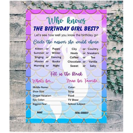 Mermaid Who Knows The Birthday Girl Best Game, Mermaid Themed Birthday Party Ideas, Fun Game For Sleepover, Play Pack of 30 Cards 5”x7”. Made in USA