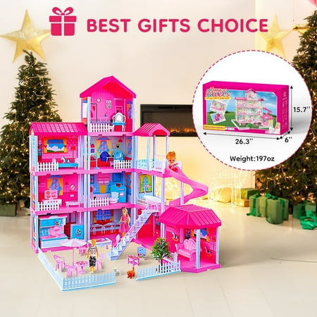 Absoke Toy for Girls 3-14 Year Old, Doll House Plus 325 Pcs 4 Stories Christmas Gift(Pink)